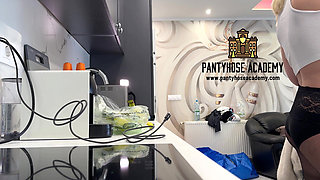 Big Tits Curvy and Busty Hot Beauty in Black Sheer Pantyhose in the Kitchen Takes Her Panties off