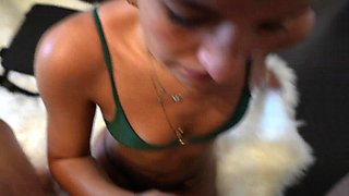 Adorable blonde in sexy bikini blows and gets jizzed all over