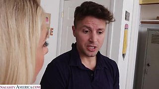 Sexy teacher Sadie Summers catches student watching porn and helps him relieve himself of all that stress
