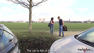 Busty sporty babe Alex gets her tits sprayed with cum in a car
