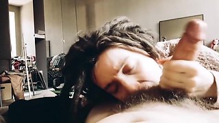 Cute girl make passion blowjob lick balls suck cock and take cum in mouth.