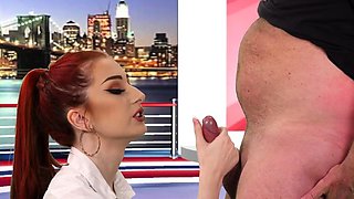 CFNM Brit babe gives BJ in live tv show