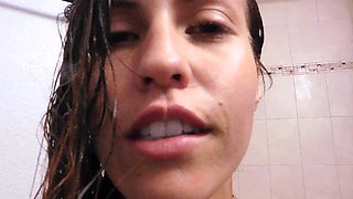 Small tit brunette amateur tugs on a big willie