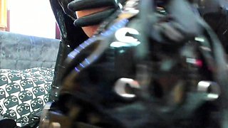 Hot blonde masturbates in latex and stockings with a dildo