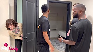 Blonde MILF in Stockings Gets Rough with Two Black Studs