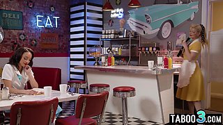 Ebony teen eating a MILF waitress pussy