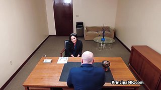 Mature teacher gags on bosses big penis at the office