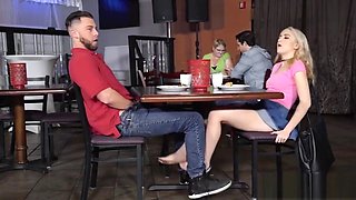 College couple fuck in a diner with the mature waitress
