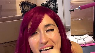 Me- Red Haired Teen Beauty Girl Dances Sexy Striptease and Prepares Sex Machine with Dildo in Mouth