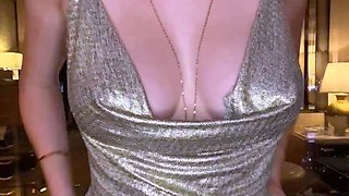 Busty curly brunette with big boobs fucks on couch