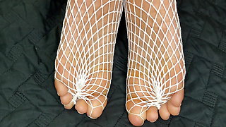 Ebony Girl Shows off Her Feet with French Pedicure in Her White Fishnets