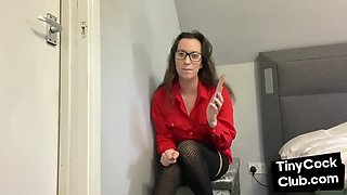 Small cock losers mocked by CFNM babe with glasses