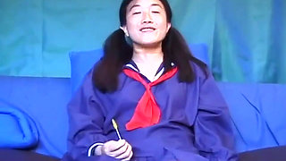 Asian petit on the cock in a college uniform