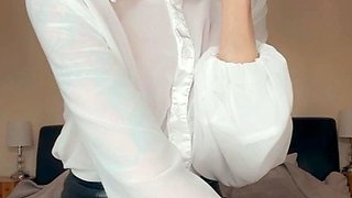 Small titted brunette Sharron with glasses masturbates
