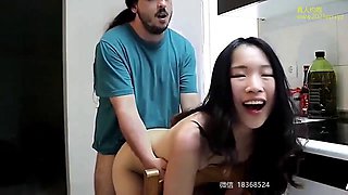 A sexy Shanghai girl with a perfect body has sex with a foreign man in the kitchen. : Big Tits, Blowjob  Interracial Porn