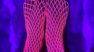 Pink Neon Fishnet on Sexy Small Asian Feet with Long Toes
