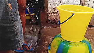 Outdoor Bathing My Pregnant Girlfriend in Dirty Environment