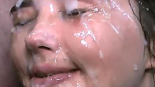 Dark Haired Babe Can't See From All the Strong Sperm