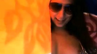 Brunette Flashes Webcam by the Pool
