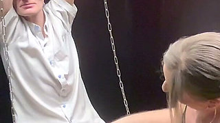 Chastity Sub Locked in Hotel Wardrobe Gets a Ruined Handjob