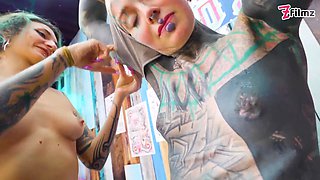 Alt Tattoo Girls Lesbian Foreplay Tattooed Dick Anal Cumshot on Brand New Tattoo
