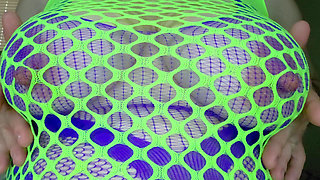 Neon Green Fishnet MILF Slut Takes Huge Blue Dildo Deep - Wet Pussy Stretching & Creamy Orgasm