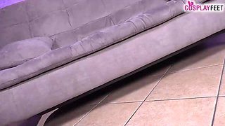 Blondie cop unclothes fishnets and fellates her own toes