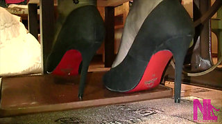 Vintage_sewing on My Granny's Old Sewing Machine in Black Pantyhose and Suede Louboutins