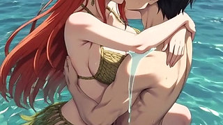 Redhead anime hentai girl fucks in the water