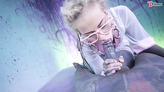 Glasses wearing tattooed chick enjoys the tattooed pecker hardcore dp and facial cumshot