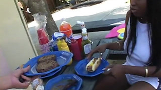 Round booty nympho gets her tight black pussy slammed sideways