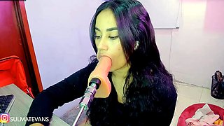 Brunette Sucks Big Pink Dildo Machine
