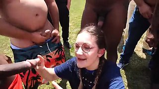 Bukkake Orgy: 44-Year-Old Wife in Pigtails Slurps 25 Cocks as