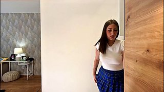 Busty Brunette Hottie with Massive Tits and Thick Booty in Tiny College Uniform Skirt in Kitchen Te