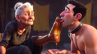 Submissive Slave Licking Wrinkled Feet of Old Ladies