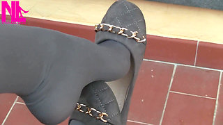 Dangling in Grey Pantyhose and Ballet Flats with Chains