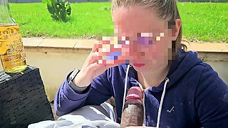 Inexperienced French cutie Neeyleen gives a blowjob to a guy enjoying his beer in the sun