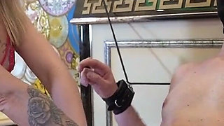 A Nasty Blonde Tickles a Poor Tied-up Guy All Over His Body!