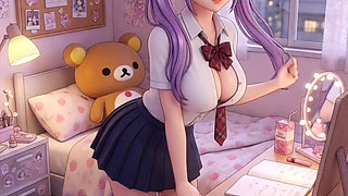 Hentai Shoolgirl Cosplay Mastubrates in Bed, Violet Hair