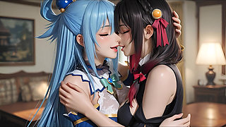 SFW Aqua and yunyun From konosuba soft show touching and kissing lesbian