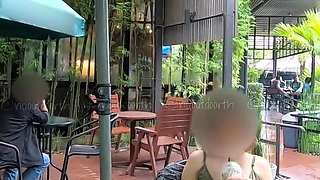 Public flashing in the cafe without panties.