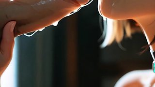 Black bob haired girl deepthroats cock in dim window room