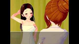 Romantic anime scene featuring internal ejaculation and a relaxed three-way