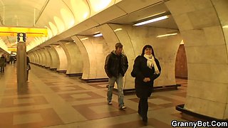 He picks up and doggy-fucks big tits mature fatty