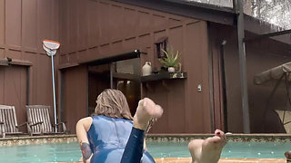 Worship Me in Latex! I Slip Into the Pool Wearing Nothing but My Sheer Blue Latex Catsuit