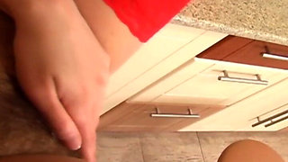 Hairy Girl in Red Teasses Her Pussy with Banana