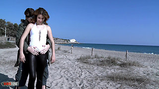 Fucking at the beach with Arahnea a young Spanish girl in sexy leggings