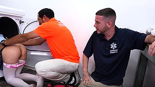 Hot brunette has hardcore group sex with DP