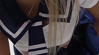 Busty Tanned Japanese Surfer Girl in Braless Student Uniform, Mini Skirt, Wedgie Thong Panties, Socks, Sexy Apartment Cleaning