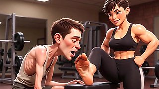 Strong Muscular Woman Makes Skinny Slave Lick Her Feet